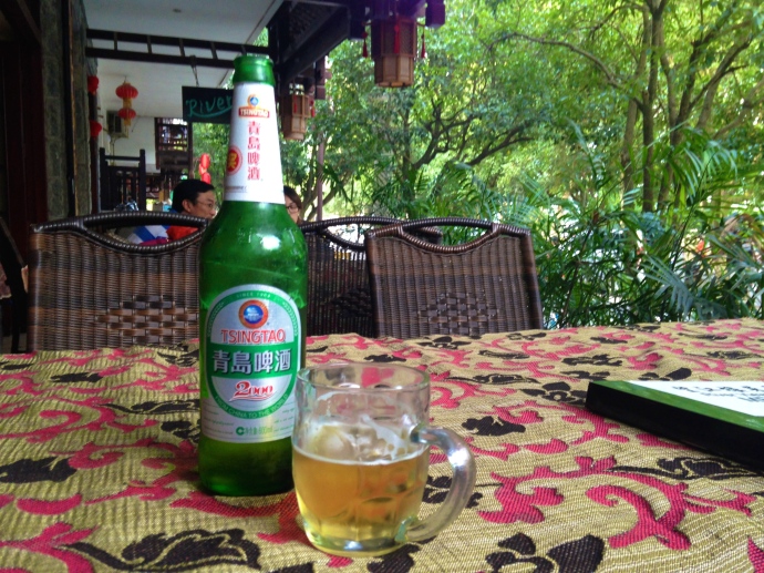 Tsingtao on the porch of the Yangshuo River View Hotel