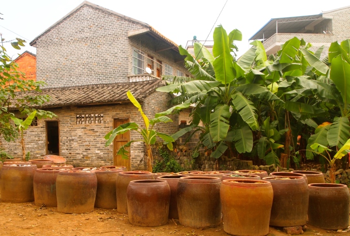 jars and tropical vegetation in the village