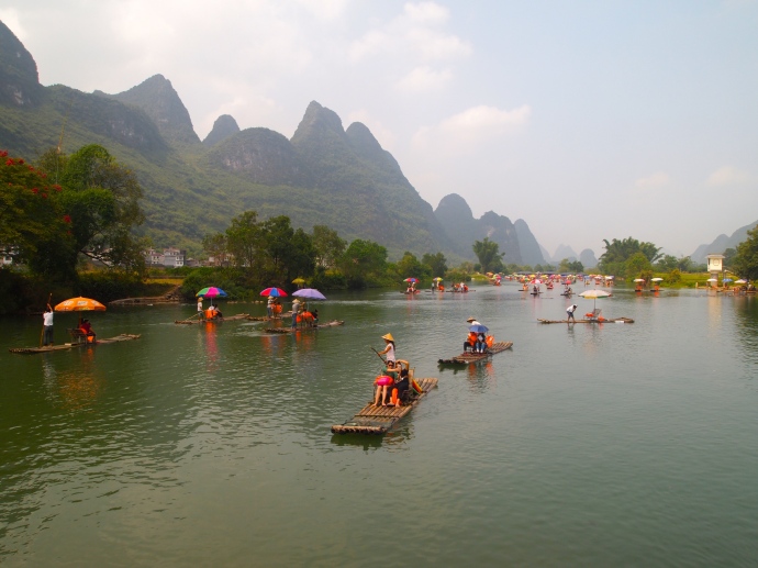 Boats on the Yulong River near Dragon Bridge in Yangshuo